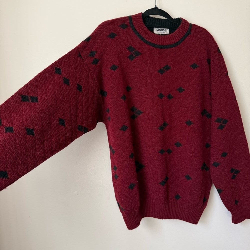 Vintage 90s MONDO Wool Burgundy & Black Diamond Knit Sweater Made in Italy - L